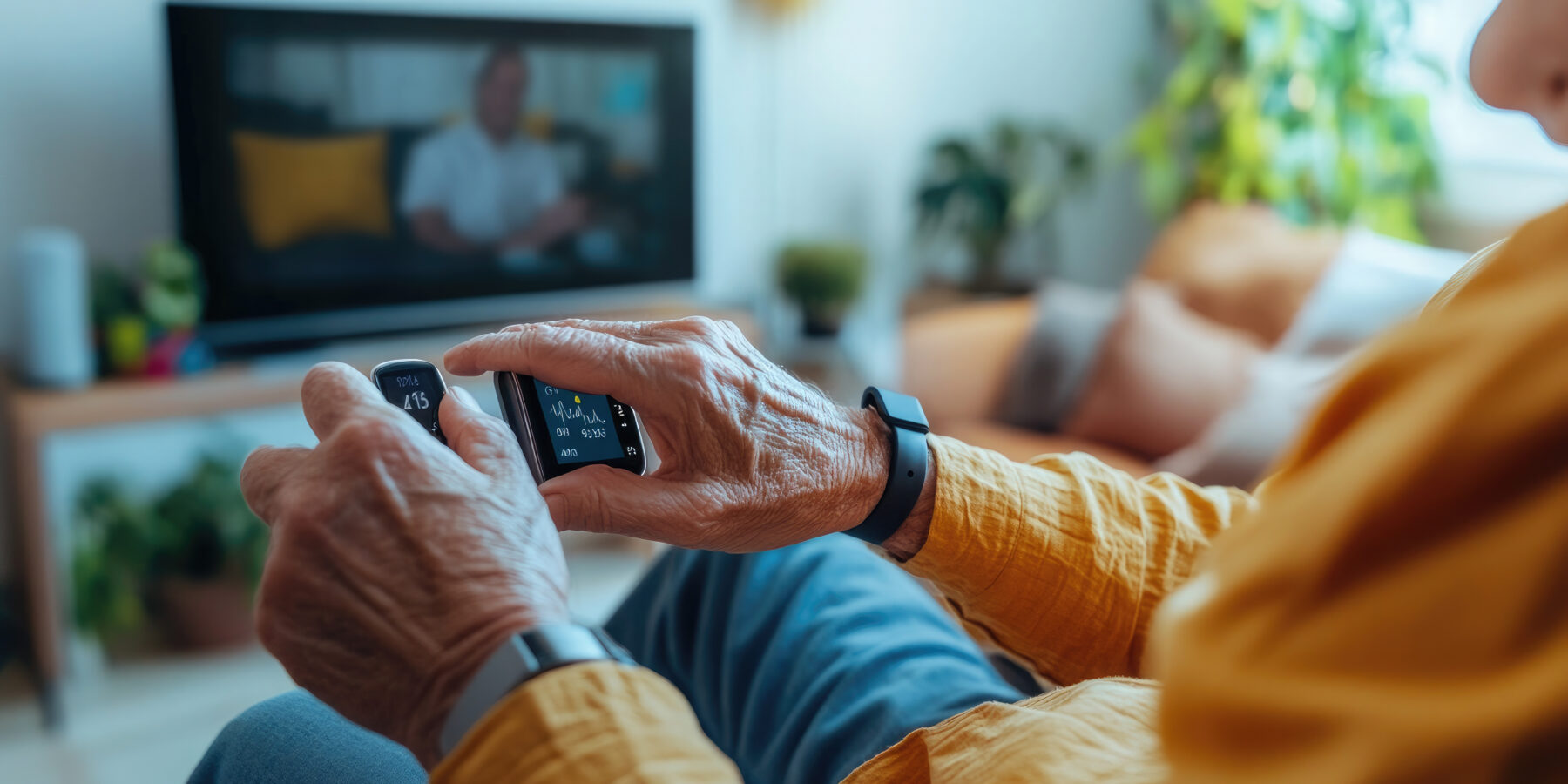 Man checks his heart rate with a smartwatch at home, creating a cozy atmosphere with warm light. Stay active and monitor health wirelessly